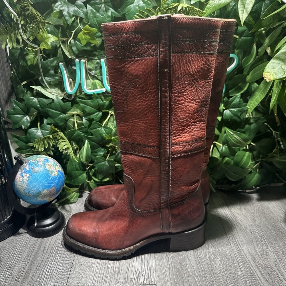 Vtg 70s Frye Campus Boot Longhorn Red Square Toe Black Label Women 9.5 B New - Picture 4 of 12